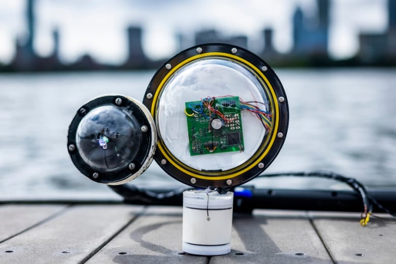 A device resting on a dock by the water. It looks like two spheres attached to each other, one about the size of a fist, and one a little smaller. The bigger one has what looks like a circuit board inside of it. The whole thing stands on a white cylinder. 