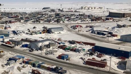 Rankin Inlet, as seen from a plane, on April 23, 2022. The community experienced winds gusting to 113 kilometres on Monday, according to a meterologist with Environment Canada. Rankin Inlet