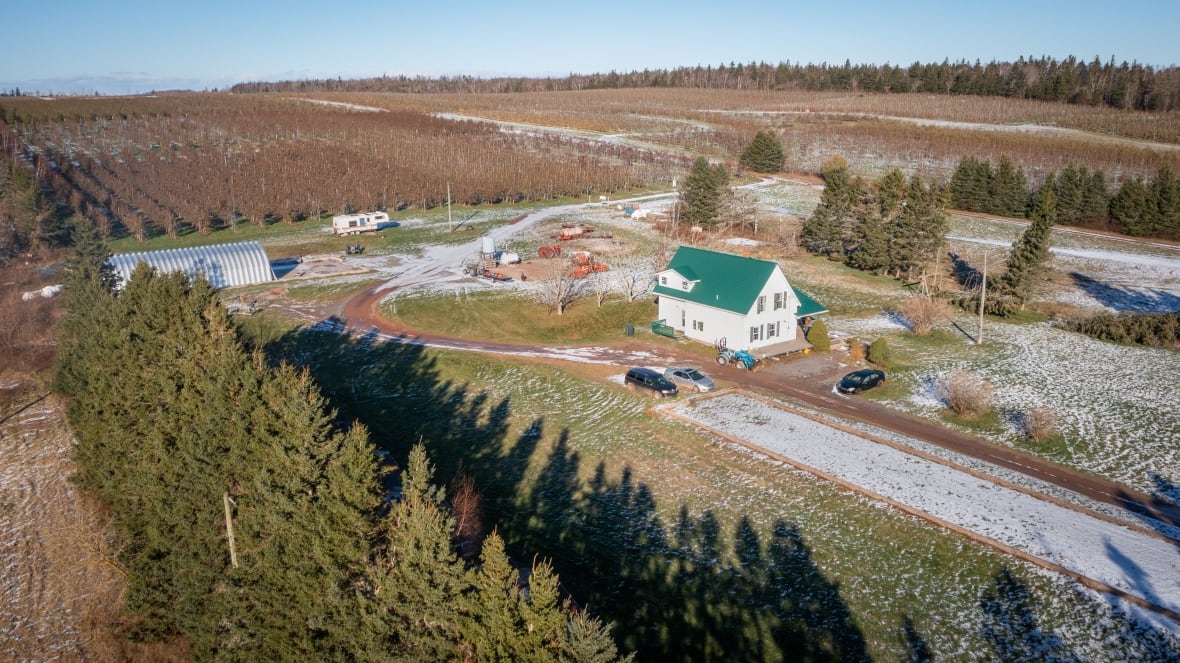 A drone image of property owned by Canadian Nectar Products, showing rows of fruit trees in the background.
