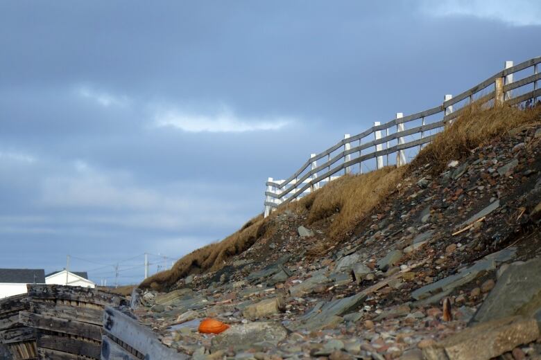 A picket fence on the edge of a cliff.
