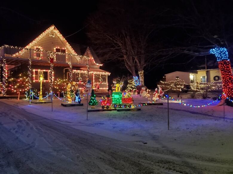 Christmas lights shine across a wintry property on P.E.I.