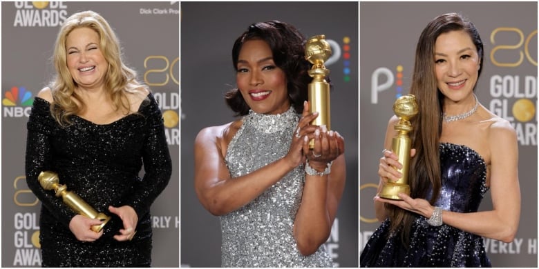 Une image composite montre trois femmes vêtues de toges tenant des trophées d'or.