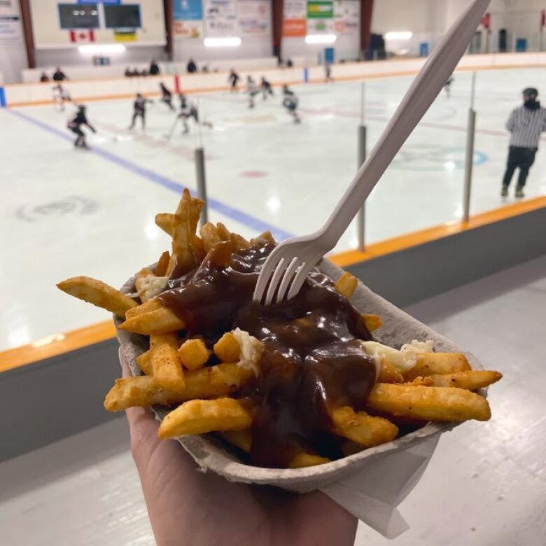 Fries cheese and gravy in a bowl at an arena