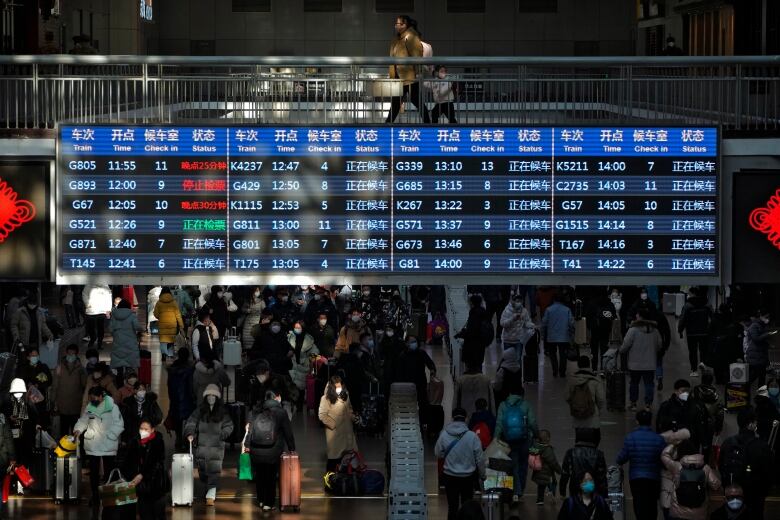 A crowded train station with a large digital sign in the foreground and people below.