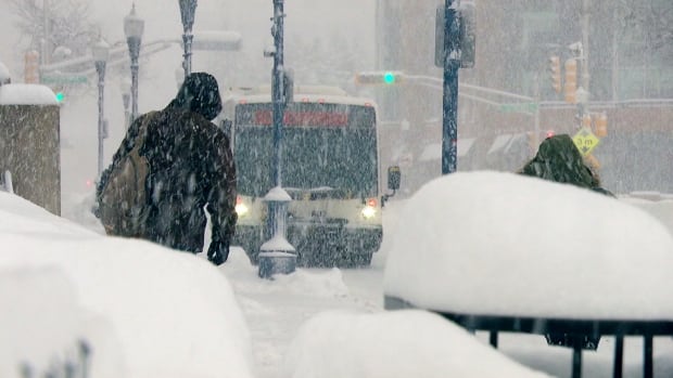 A person standing in falling snow, bus in the background