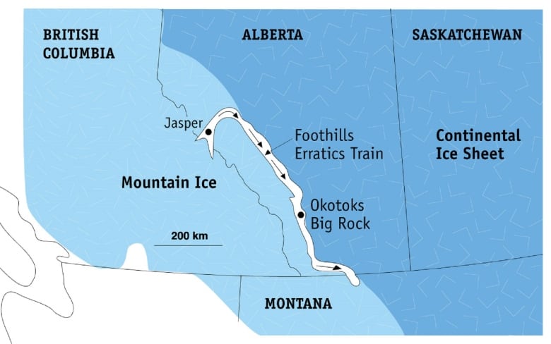 De kaart laat zien waar de Foothills Erratics-trein langs het Rockies-gebergte rijdt.