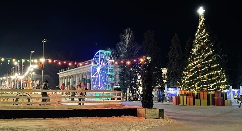 A decorated Christmas tree and rides decked out in bright lights are shown at a winter fair.