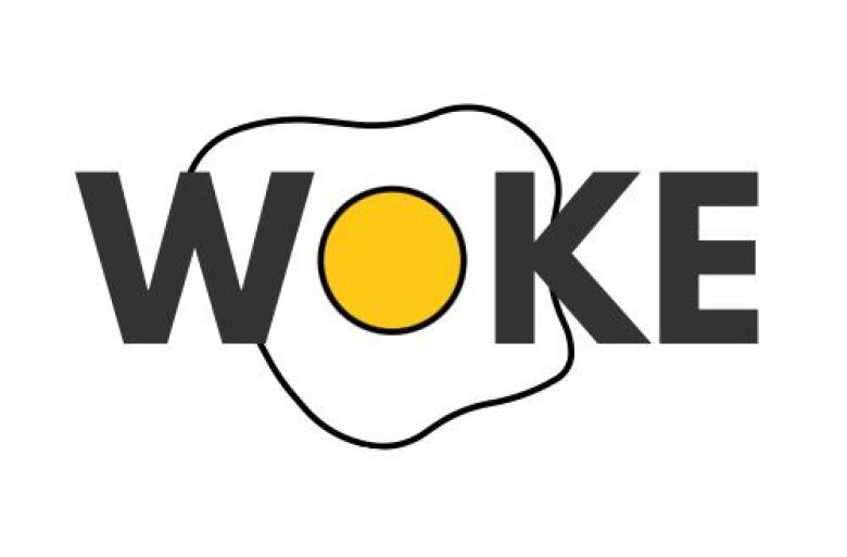 The word "WOKE" in a black font, but the O is an egg. 