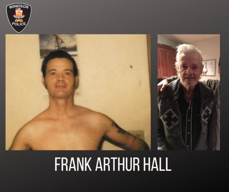 A photo of a young Frank Arthur Hall with dark hair and a tattoo on his arm, and a photo of an older Hall with white hair posing in a kitchen