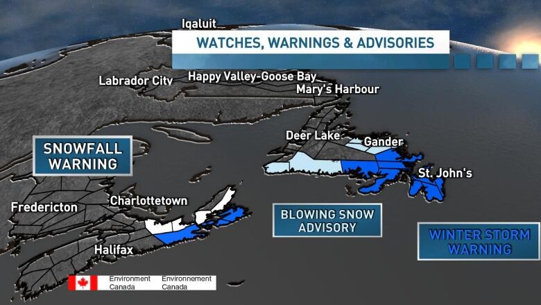 A map showing weather warnings across Nova Scotia and Newfoundland and Labrador.