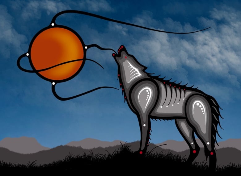 An Ojibway-style painting of a wolf howling at the moon.