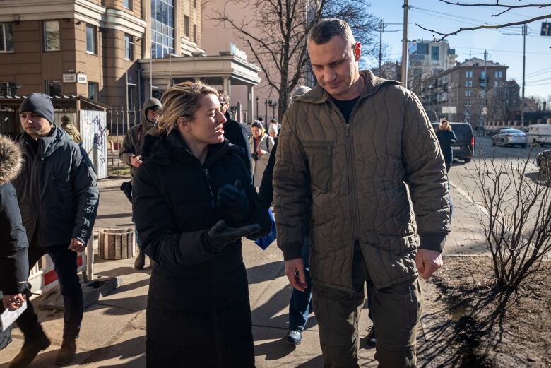 Foreign Affairs Minister Melanie Joly walks and talks in Kyiv with Mayor Vitali Klitschko on Feb. 15, 2023.