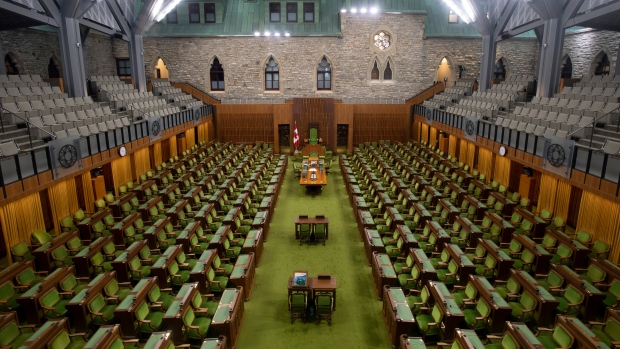 MPs set to vote on new Speaker of the House of Commons this morning; The House of Commons chamber is seen empty,  Wednesday April 8, 2020 in Ottawa\.