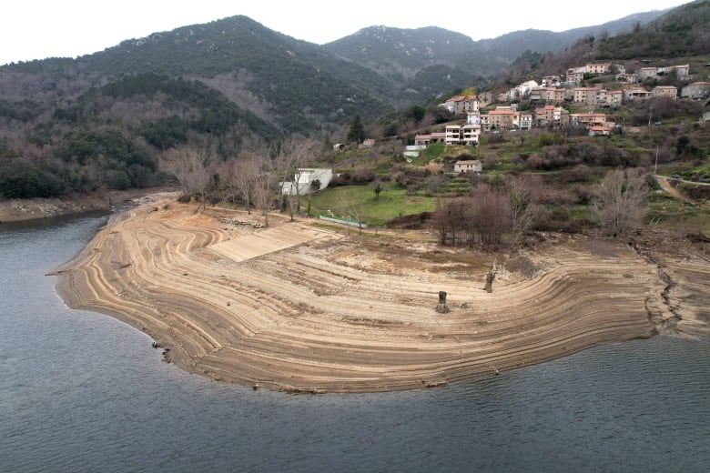 Tolla lake in Corsica, which has a low water level due to a lack of rainfall in the region this winter.