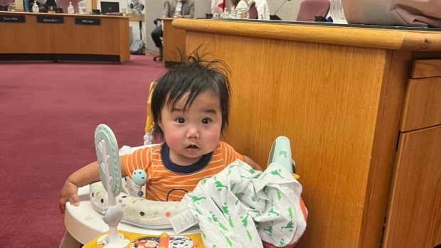 Whitehorse city councillor feels pressured to stop bringing her baby to meetings; Whitehorse city councillor Michelle Friesen's infant son Theo in council chambers\. 