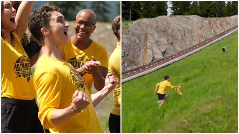 Em celebrates with Team members, Em races up a very tall hall with a yellow flag