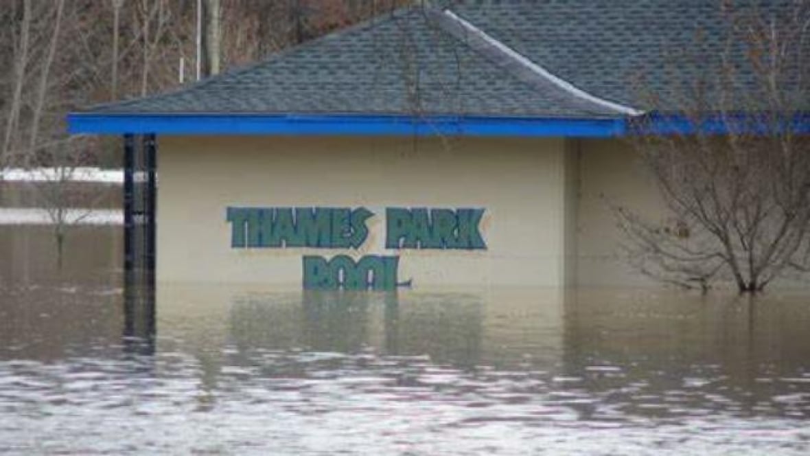 Thames pool can be seen with flooding around its pump building.