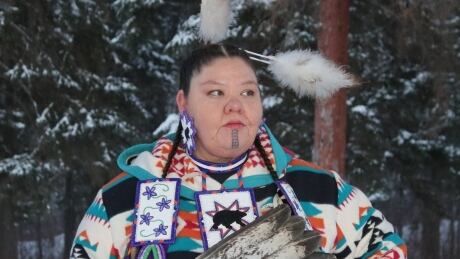 Sara Carriere-Burns received her cultural tattoo in 2022. She says the design on her chin, which stems from her Treaty 6 ancestors, represents her children. Sara Carriere-Burns