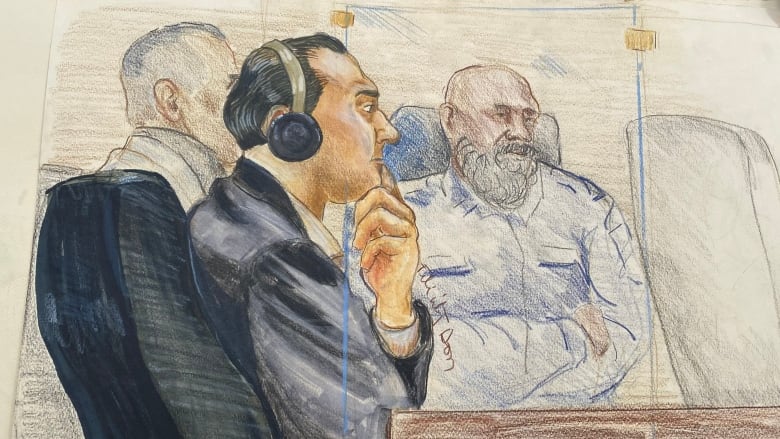 An artist's courtroom sketch of a man in a dark suit wearing headphones, holding his hand to his chin.