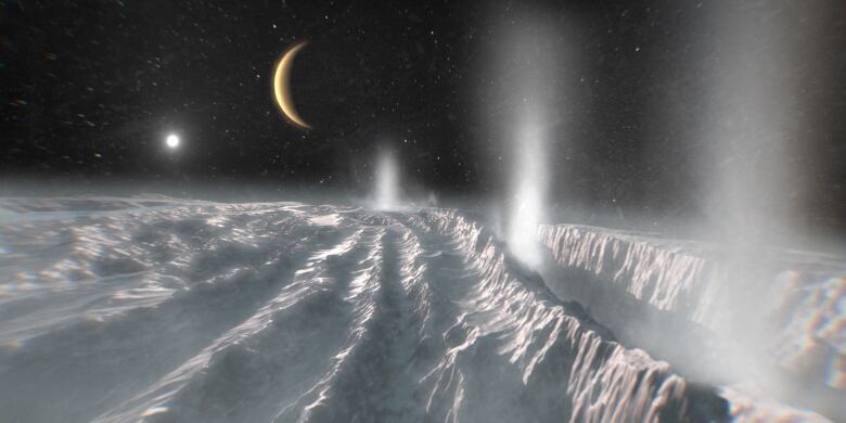 This artistic depiction of Saturn's moon Enceladus' icy moon with the Saturn's other moon, Titan, in the background shows water vapour venting out through the icy trenches on its surface.