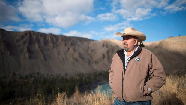 Chief Joe Alphonse, tribal chairman of the Tsilhqot'in Nation is pictured at Farwell Canyon, B.C., on Oct. 24, 2014. A First Nations chief is calling on the British Columbia government to halt the moose hunt this year, arguing the historic wildfire season has caused enough trauma to the species. Tl'etinqox Chief Joe Alphonse said the flames that have charred thousands of square kilometres of habitat in the province's Interior and hunting will only further endanger the moose population. An Indigenous man wearing a cowboy hat poses in front of a hill.