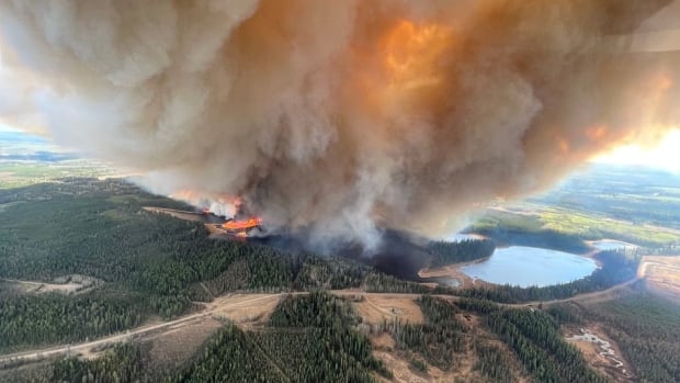 A wildfire burns near Edson. More than 100 active fires were spread across the province as of Saturday morning. A giant plume of smoke is seen from above.