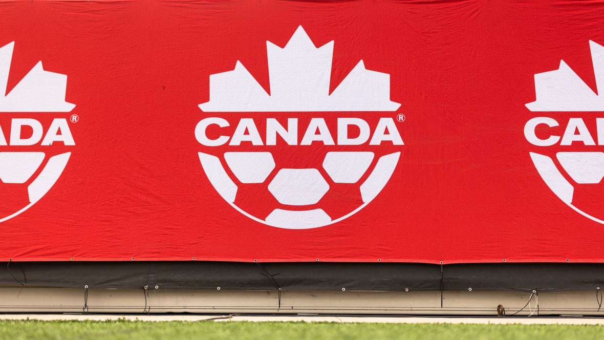 Three Canada Soccer logos on a red backdrop.