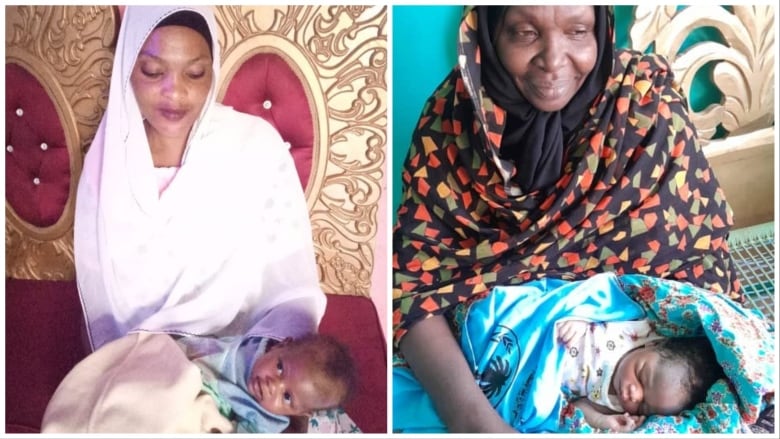 Two images of women in headscarves holding newborn babies. 