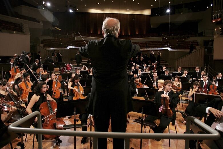 A conductor with his back to the camera leads and orchestra or classical musicians.