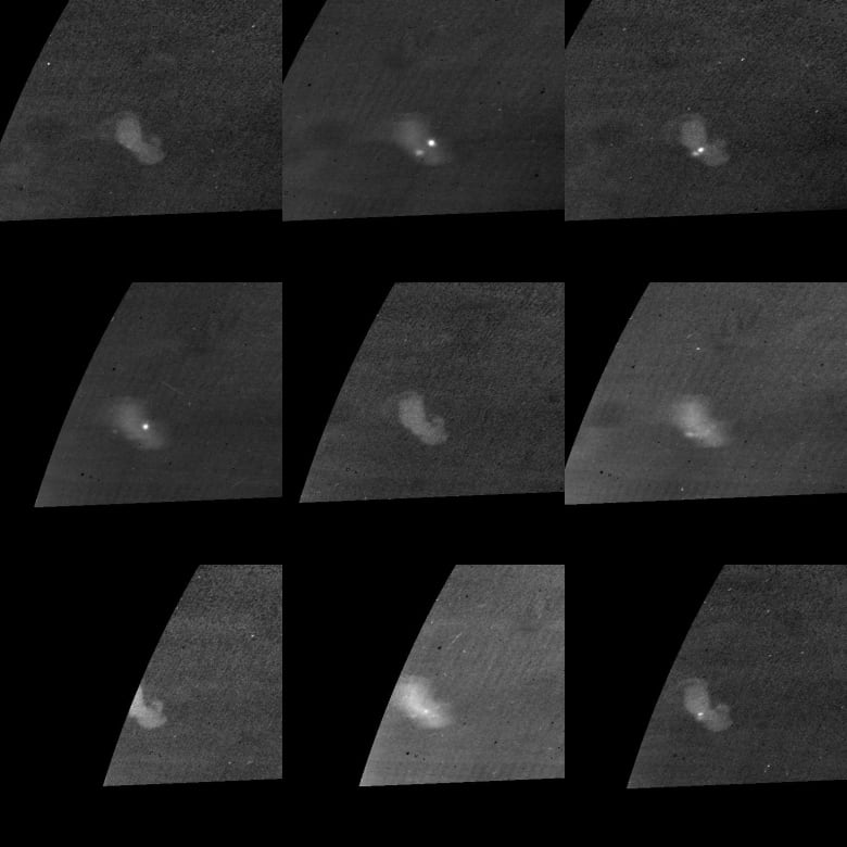 Six black and white images show bright spots in the cloud tops of Saturn.