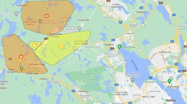 A map shows areas of Tantallon and Hammonds Plains area where power has been cut