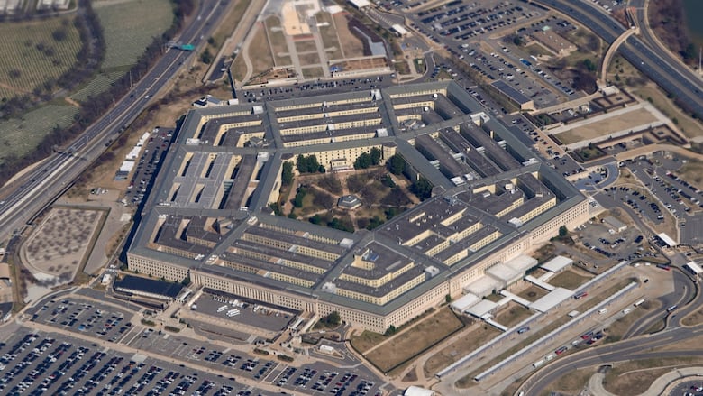 Aerial view of heavily fortified five-sided complex, the Pentagon