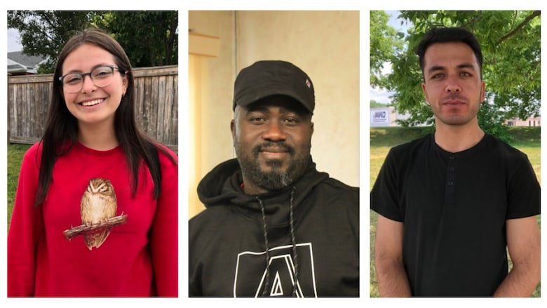 Valentina Sirminto, left, Kassim Damusi, centre, and Shair Aryan are asylum seekers to Canada and Windsor, Ont.