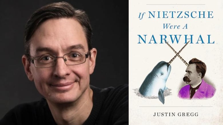 Author Justin Gregg has brown hair, brown eyes and short hair. He is wearing thin-rectangle-framed glasses and a dark sweater. The background is dark and he is smiling with his mouth closed. To your right is the cover of his book, If Nietzsche Were a Narwhal.