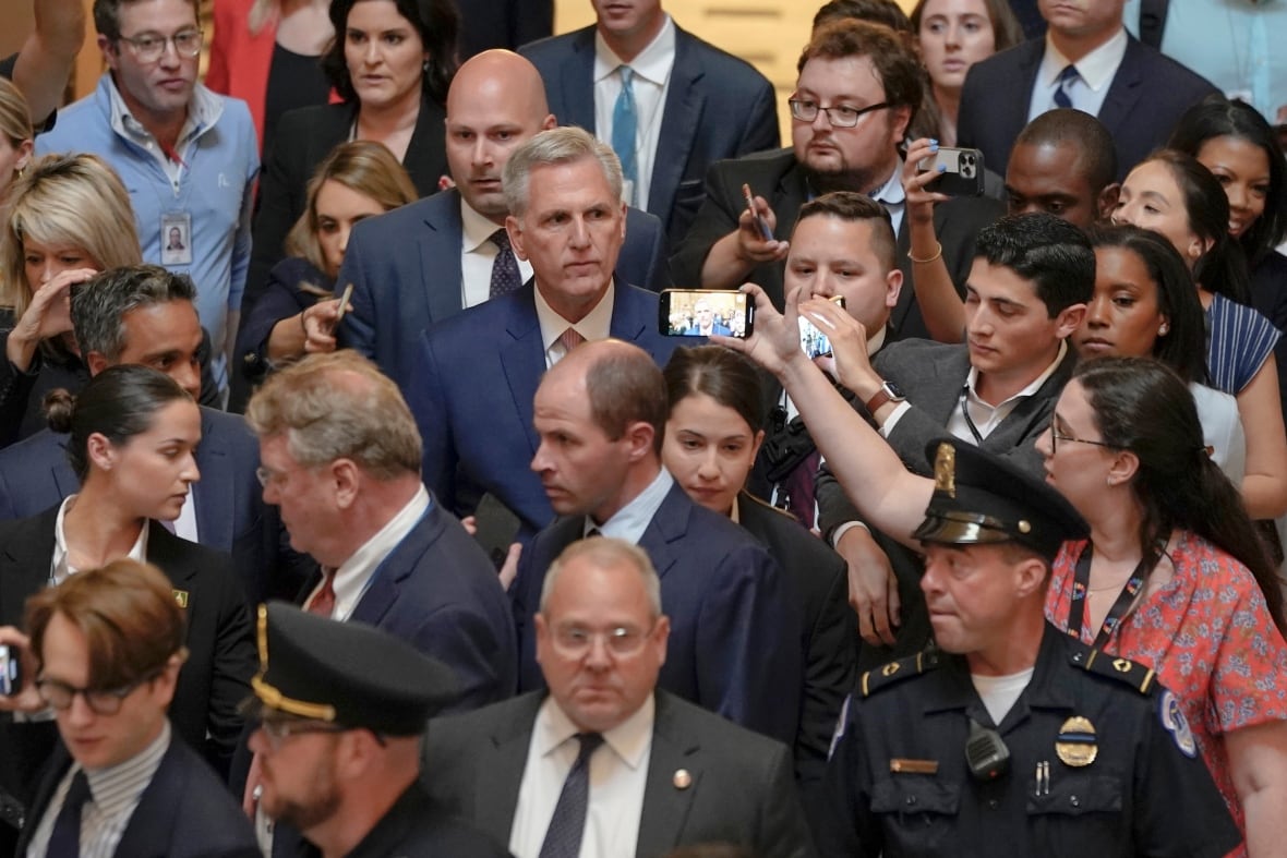House Speaker Kevin McCarthy speaks with reporters about the debt limit vote on May 30, 2023, on Capitol Hill in Washington.