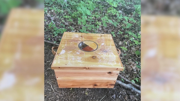 Sacred medicines from Waterloo region meant to help heal families of James Smith Cree Nation; This cedar box holds sacred medicines carefully placed in separate compartments\. It will be delivered to members of James Smith Cree Nation in August\.