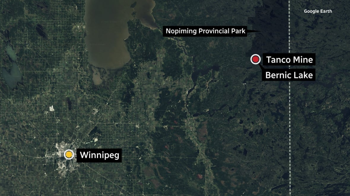 A map showing the location of the Tanco Mine within Manitoba.