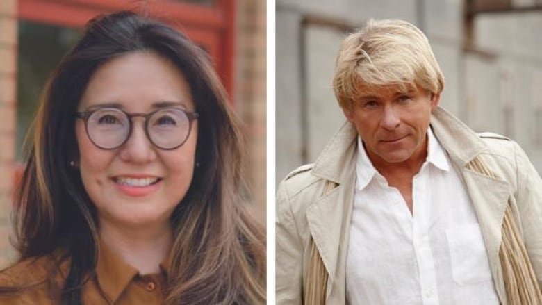 Asian woman with long brown hair, black glasses and smiling. White man with light blonde hair in button down white shirt and trench coat.