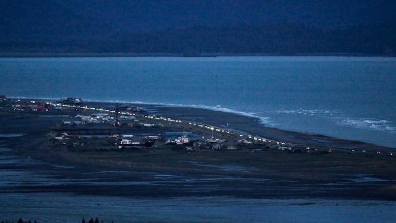 Spit of land, buildings, row of cars.