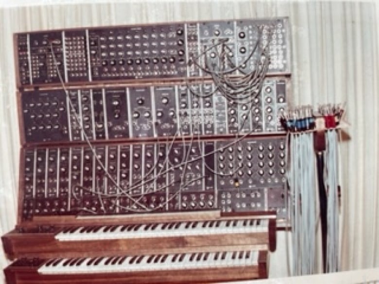 A Moog synthetsizer - a tangle of patch corns, buttons, and keyboards