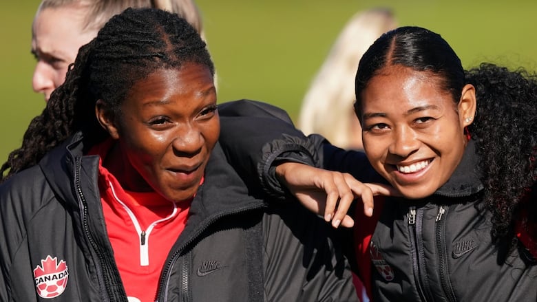Canada's Deanne Rose and Olivia Smith look on during a training session ahead of the FIFA Women's World Cup in Melbourne, Australia.
