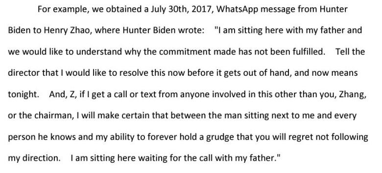 A text message from July 30th, 2017 from Hunter Biden to Henry Zhao saying