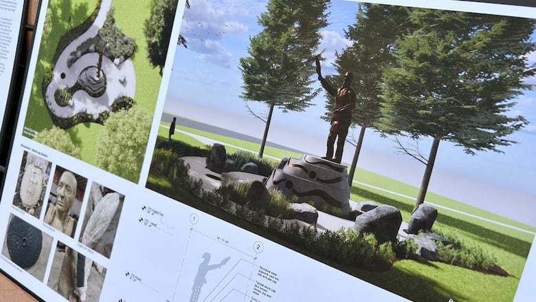 Drawings show the proposed design for a monument that includes a layered plinth and a man standing on it with one arm raised.