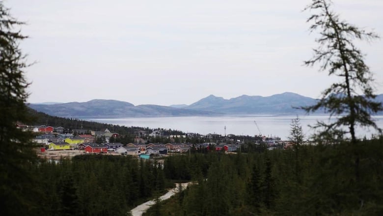 Colourful houses dot the landscape before opening up to ocean, with mountains in the distance. 