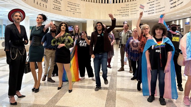 Ottawa warns LGBTQ travellers they could be hit by U.S. state laws; Demonstrators protest outside the Florida House chambers against bills the chamber passed on gender-transition treatments, bathroom use and keeping children out of drag shows, on Wednesday, April 19, 2023 in Tallahassee, Fla\.
