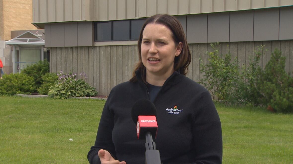 Minister Sarah Stoodley stands in front of a microphone outside the Confederation Building in St. John's.