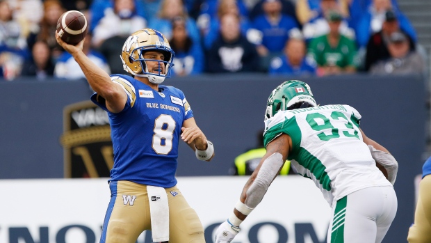 CFL slaps Roughriders defensive lineman Robertson with 1-game suspension for head butt; Roughriders' Pete Robertson \(93\), seen above applying pressure to Blue Bombers' Zach Collaros in a file photo from 2021, was suspended for one game by the CFL on Monday for head-butting Collaros in Sunday's game\.