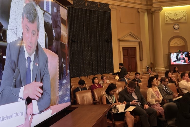 A man with dark hair gestures while shown on screen, speaking, in a large room.