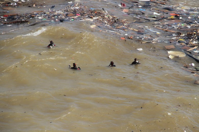 Four divers partially submerged in muddy brown water