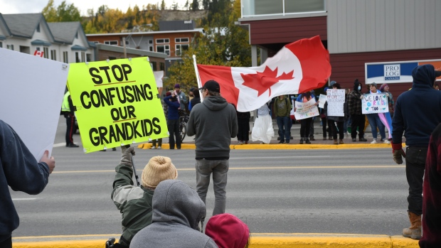 Whitehorse protest, counter-protest over LGBTQ rights in schools draw hundreds; Hundreds of people gathered in downtown Whitehorse on Sept\. 20, 2023, during a protest and counter-protest over LGBTQ rights and education policies in schools\.